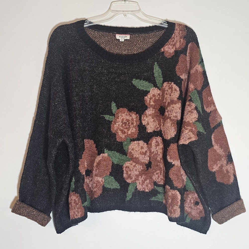Andree by Unit Sweater Womens 2X Black Pink Brown Floral Pullover Wool Blend